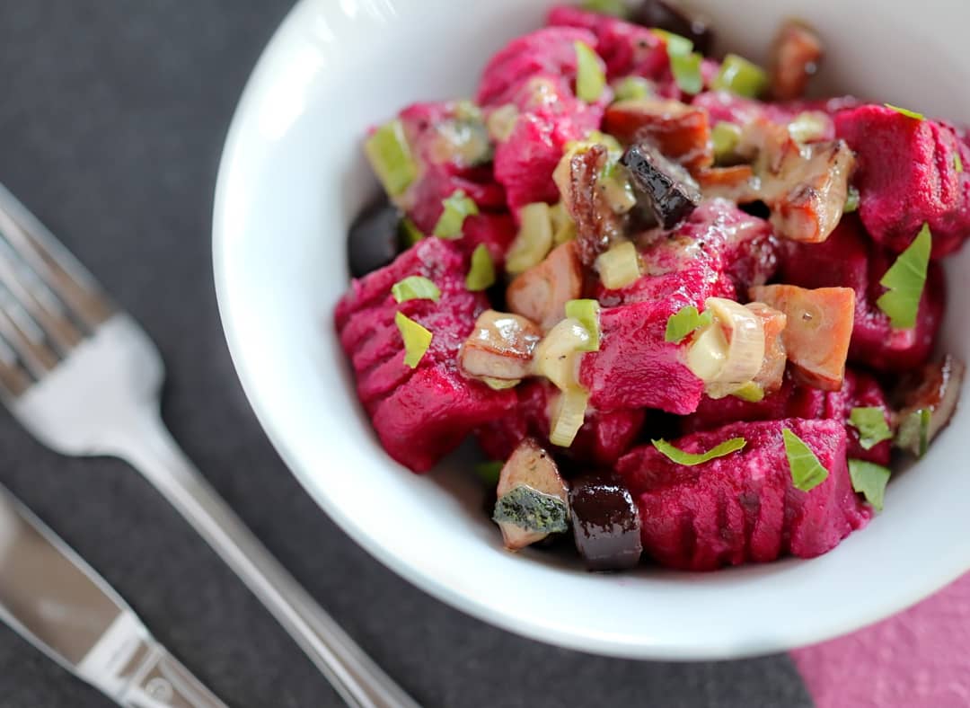 Beetroot & ricotta gnocchi with sage and chorizo butter