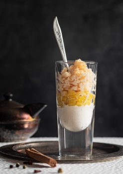 Chai granita on poached apples and heavenly mousse