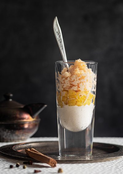 Chai granita on poached apples and heavenly mousse