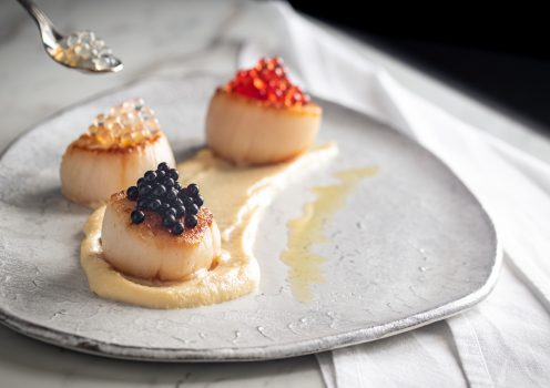 Scallops on buttery parsnips with ‘caviar’