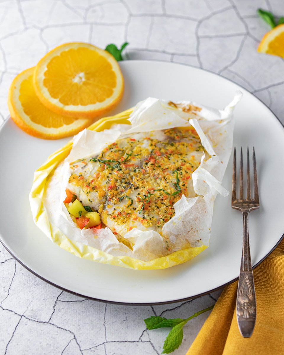 Orange and mango fillet of fish en papillote