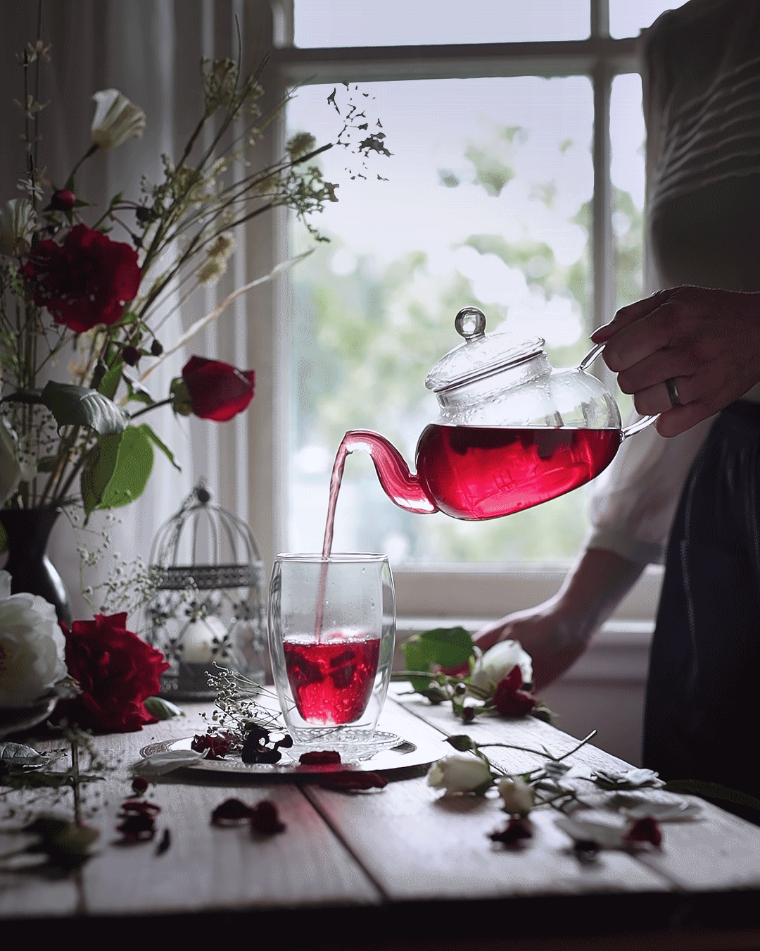 Cinemgraph of a red tea being poured from a glass tea pot into a glass cup in front of window
