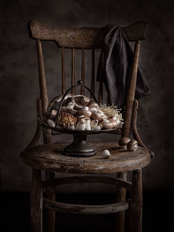 a still life of an old metal tray holding a variety of raw mushrooms, sitting on a rustic chair