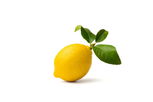 Single lemon with leaves