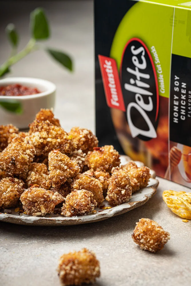 Crispy popcorn chicken coated in Fantastic Delites